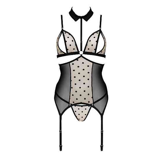 Корсет з відкритими грудьми Passion DOMINICA CORSET S/M beige, пажі для панчіх, стрінги Sex Aura Київ