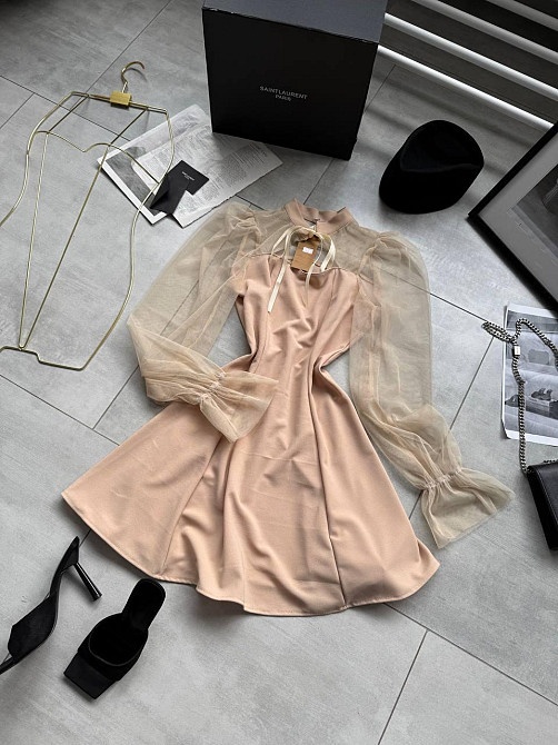 Женское нежное платье с рукавами из сеточки креп дайвинг Бежевый, 46/48 Одесса - изображение 1