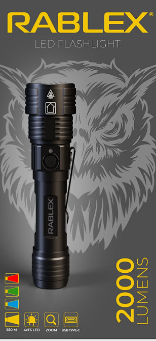 Ручний ліхтар Rablex RB915, Синій+Червоний+Зелений+Білий, 4T6, 1х18650 акум., zoom, Type-C, 2000LM Дніпро - фото 3