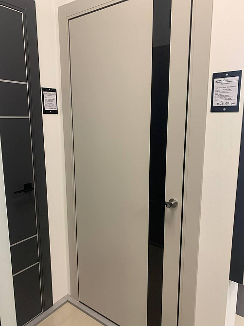 Двері екошпон, Полотно, серія PLATO (PL-04) Сірий матовий. Скло чорне Київ - фото 2