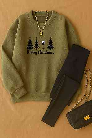Жіночий теплий костюм-двійка з новорічним принтом двосторонній фліс + дайвінг на флісі Оливковий, 46/48 Одеса