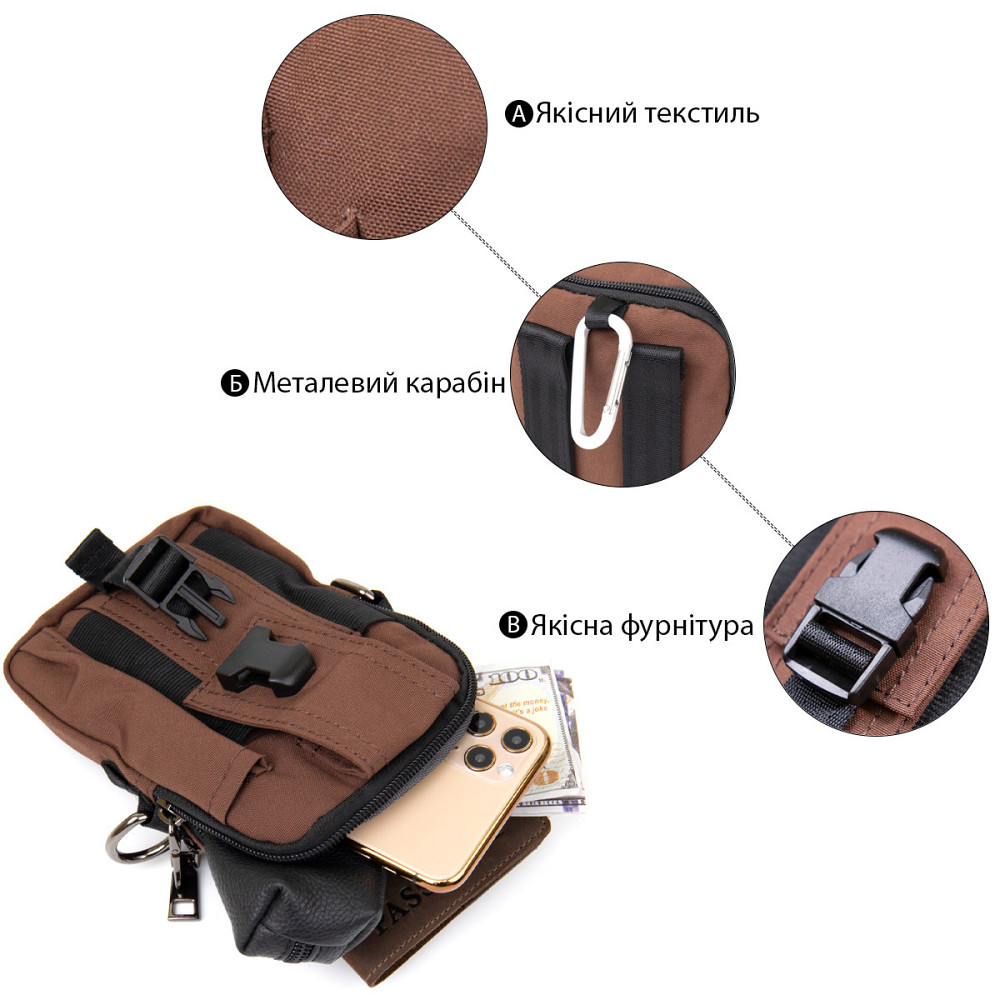 Сумка на пояс нейлон Vintage 20648 Коричневая Киев - изображение 4