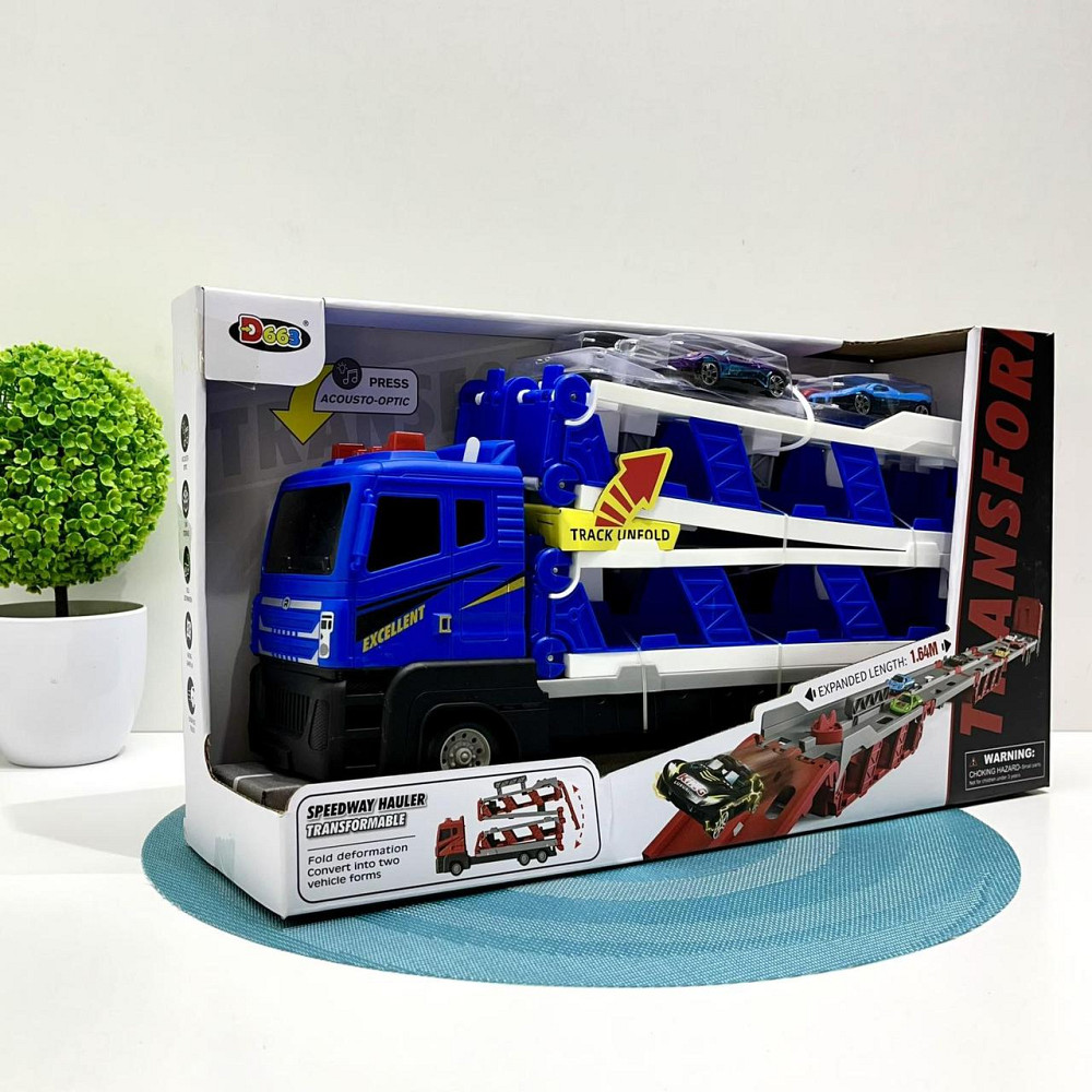 Автовоз інерційний з машинками рухомі деталі світлові та звукові ефекти Синій (D663-T204B) Чернігів - фото 3