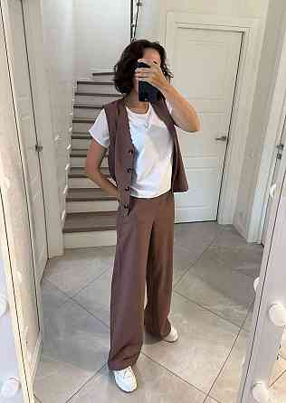 Жіночий легкий брючний костюм-трійка: жилет футболка та штани турецький натуральний льон + софт Моко, 46/48 Одеса