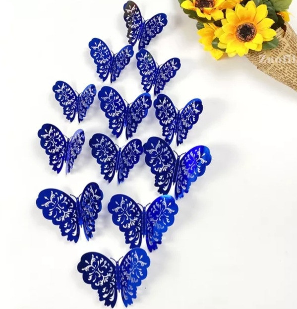 Декоративні метелики сині, мереживні, в наборі 12штук різних розмірів, пластик Київ - фото 1