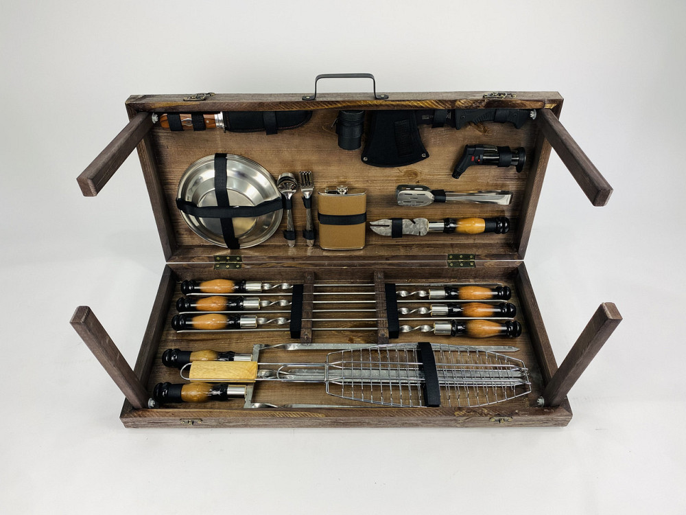 Подарунковий набір шампурів в дерев'яному кейсі ШАШЛИЧНИК LUX, ручна робота (шампура і аксесуари) HAPPY DAYS Тернопіль - фото 1