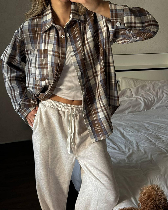 Женская трендовая оверсайз рубашка в клетку турецкий поликотон Мокко Одесса - изображение 2