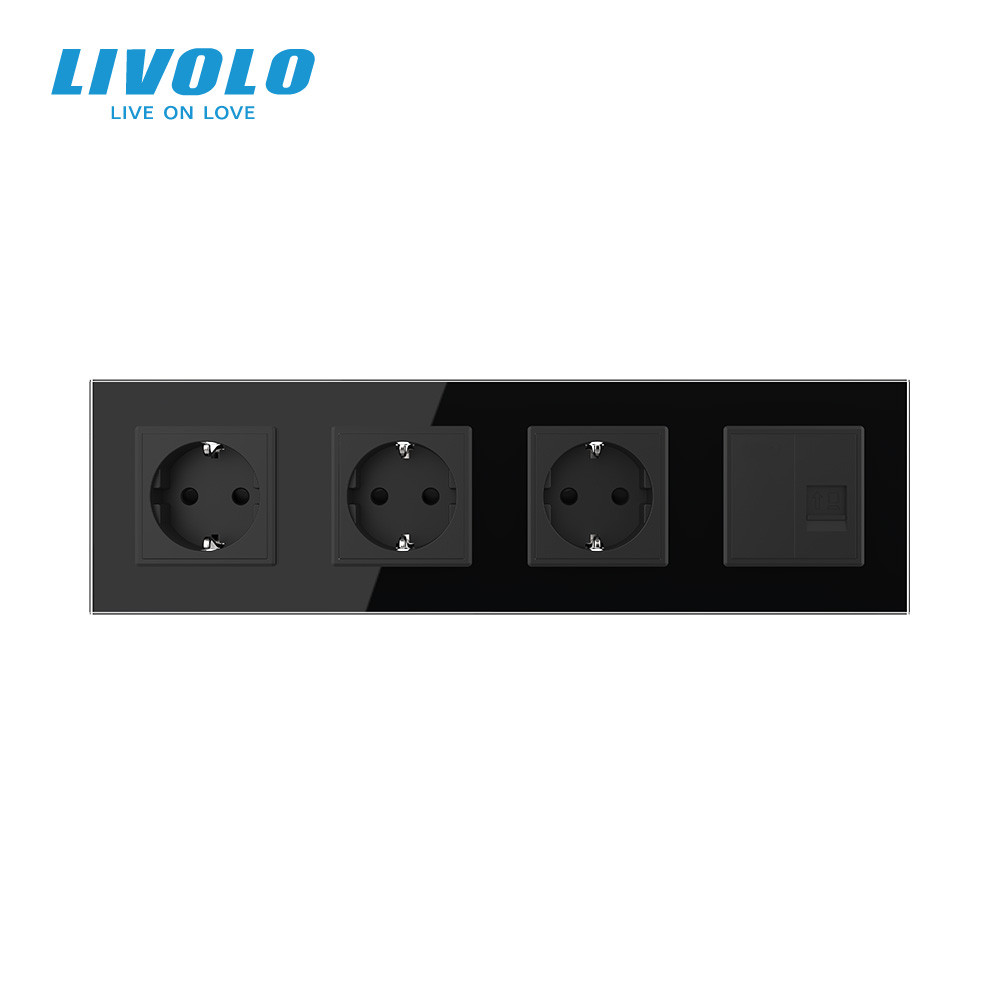 LIVOLO Розетка чотиримісна комбінована Силова Інтернет Livolo чорний скло (VL-C7C3EU1CK0-12) Коломия - фото 2
