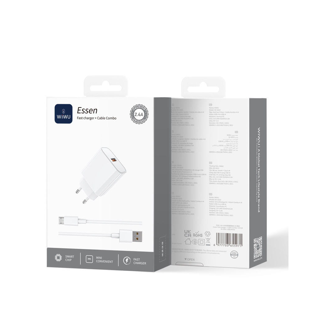 Мережевий зарядний пристрій з кабелем WIWU 2.4A Essen GaN Fast Charger Combo with A-M cable Wi-G023 A-M EU White Одеса - фото 2