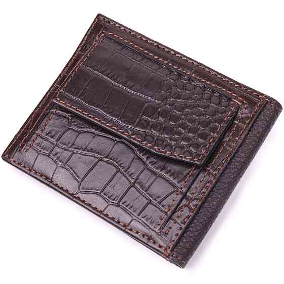 Фактурний чоловічий затиск із монетницею з натуральної шкіри з тисненням під крокодила Коричневий (KARYA) Київ