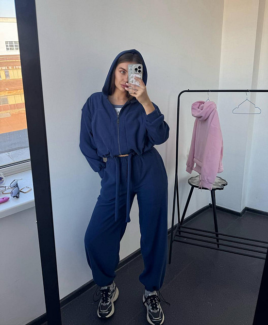 Женский теплый прогулочный костюм двойка: худи и брюки двусторонний полар флис Темно-синий, 44/48 Одесса - изображение 7