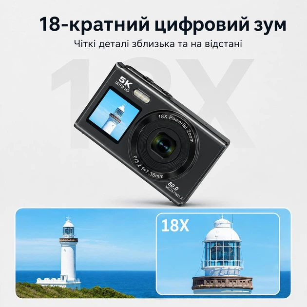 Цифрова камера 5K 80 МП Wi-Fi з подвійним екраном, EIS, 18x Zoom, 2 акумулятори + карта 64 ГБ, чорна Київ - фото 6