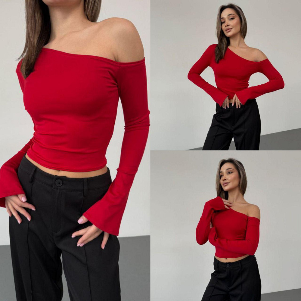 Женский стильный лонгслив с открытым плечом турецкий микродайвинг Красный, 46/48 Одесса - изображение 1