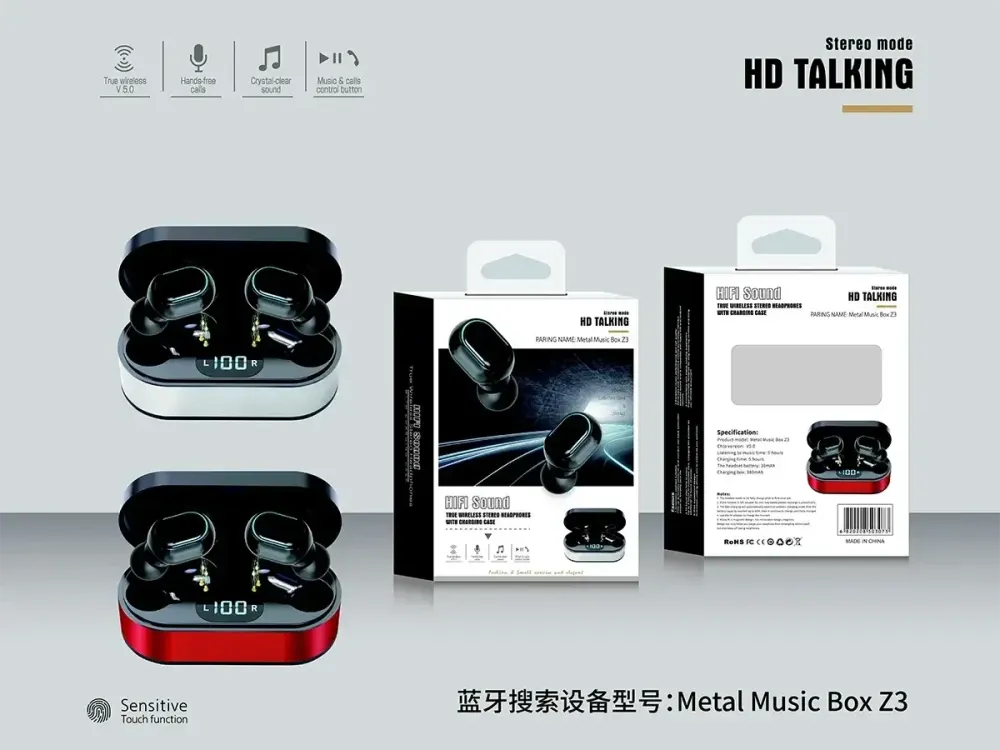 Гарнитура Double с кейсом Bluetooth Metal Music Box Z3: TWS наушники, сенсорное управление, индикатор заряда Одесса - изображение 3