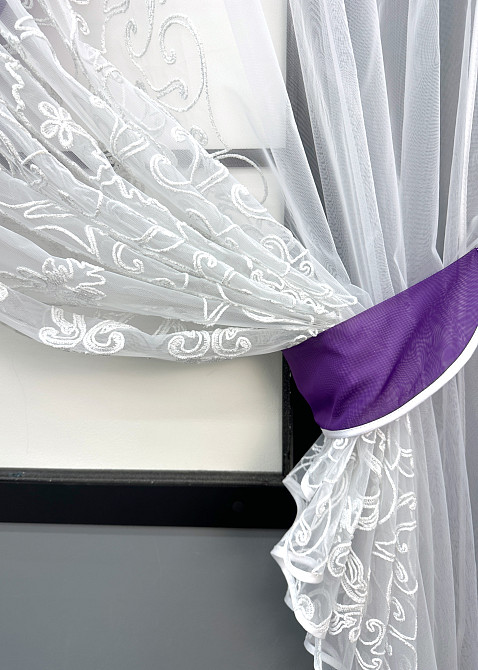 Кухонні шторки VR-Textil № 101к з підв'язками фіолетовий з білим 330х170 см (52-1199) Київ - фото 4