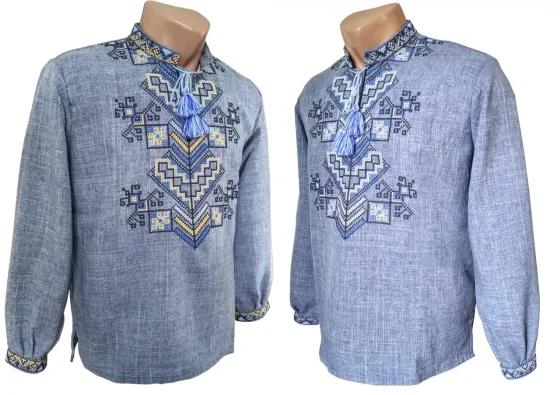 Чоловіча вишиванка у джинсовому кольорі на довгий рукав Дерево життя Київ