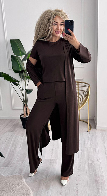 Женский базовый прогулочный костюм тройка: кардиган футболка и штаны трикотажный рубчик Шоколад, 52/54 Одесса - изображение 7