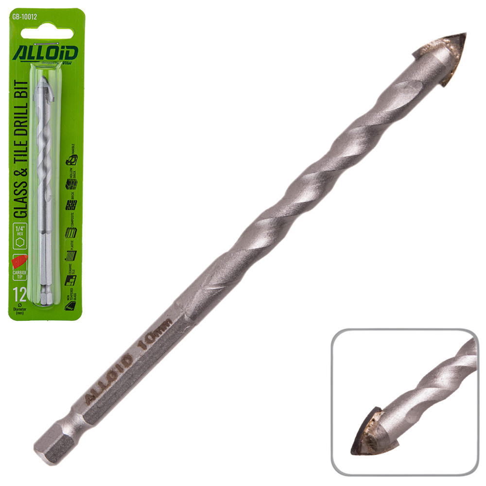 Свердло по склу та кераміці 12мм, хвостовик HEX 1/4" Alloid, L= 95mm GB-10012 Винница - изображение 1