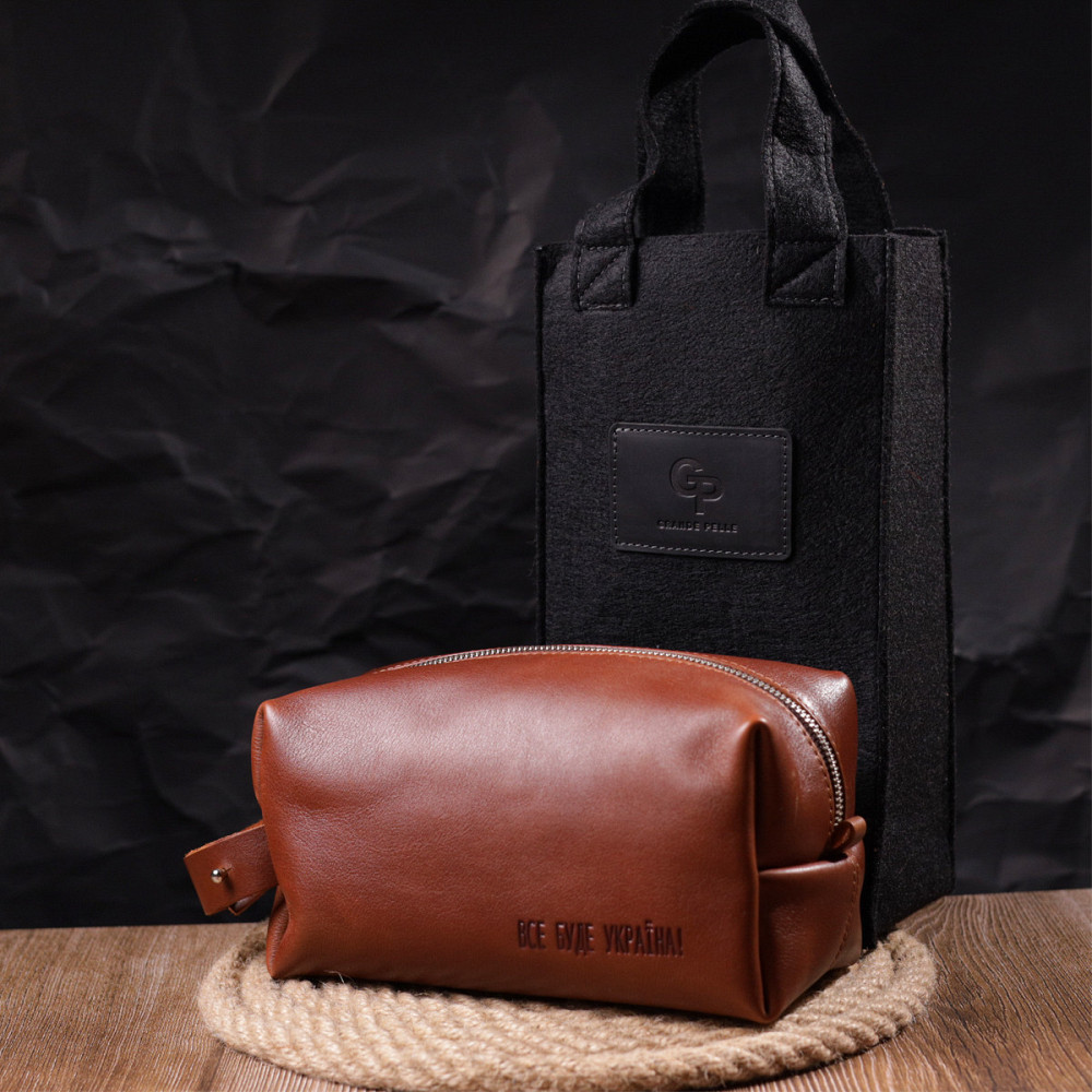 Мужской несессер большого размера из гладкой кожи на молнии Украина GRANDE PELLE 16769 Светло-коричневый Киев - изображение 10