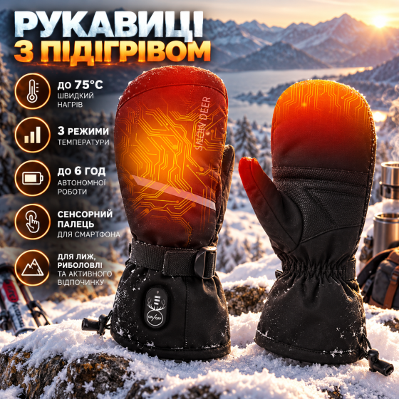 Рукавиці з підігрівом SNOW DEER XL, до 75°C, 3 режими, акумуляторні до 6 год, сенсорний палець, для лиж та риболовлі Київ
