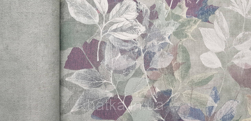 Шпалери вінілові на флізеліні Grandeco Time метрові квіти листя зелені бордові сині Київ - фото 3