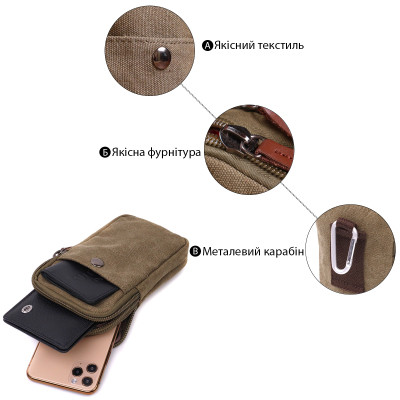Сумка Vintage На пояс з металевим карабіном з текстилю Оливкова (22224) Вінниця - фото 8
