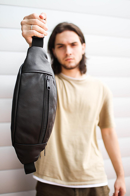 Кожаная мужская бананка, поясная сумка SL003 (Черная) Сумы - изображение 6