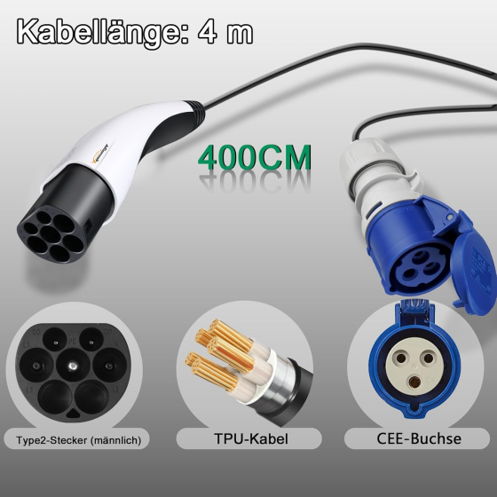 Адаптер Type 2 на CEE, [4 м | 32A | 7,2 кВт] Кабель IEC 62196 до розетки CEE, розвантажувач станції типу 2 Київ