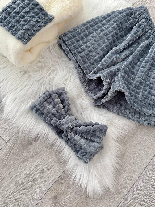 Женская уютная теплая пижама: кофта и шорты + повязка на голову из турецкой махры Серый, 46/48 Одесса - изображение 2