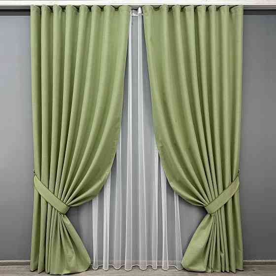 Комплект штор VR-Textil 100% блэкаут ASHEN NIGHT 100х270 2шт и Тюль 300х270 1841ш-1153т оливковый с белым 71-081/1 Киев