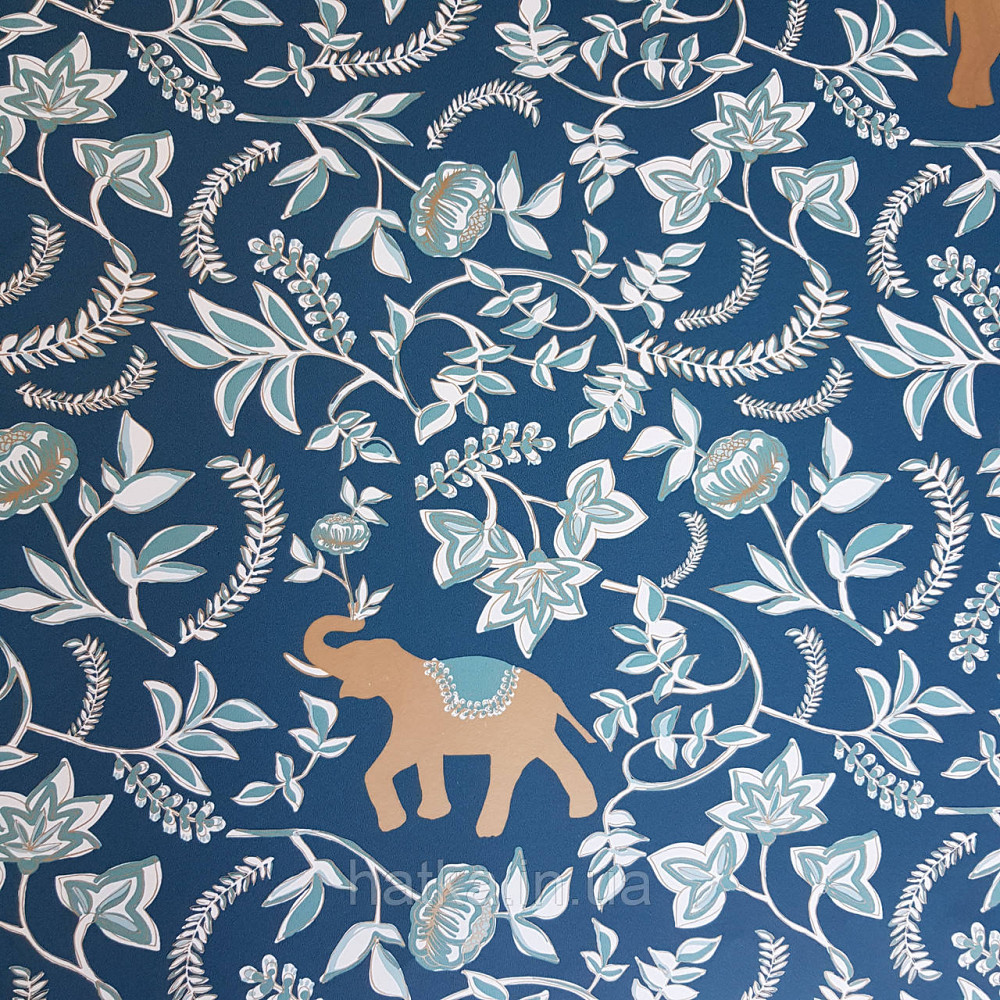 Шпалери вінілові на флізелін Caselio Mystery 0.53х10 м дитячі яскраві квіти білі зелені слони золотом на Київ - фото 2