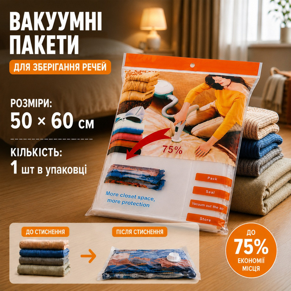 Вакуумный пакет с Zip-замоком для хранения одежды вещей багажа, с клапаном мешок вакуумный для хранения, 50х60 см Каменец-Подольский - изображение 10
