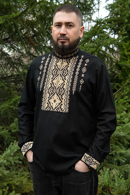 Вишиванка чоловіча, лляна, з довгим рукавом, чорна, льон - Одяг, топ 56/58 Київ - фото 1