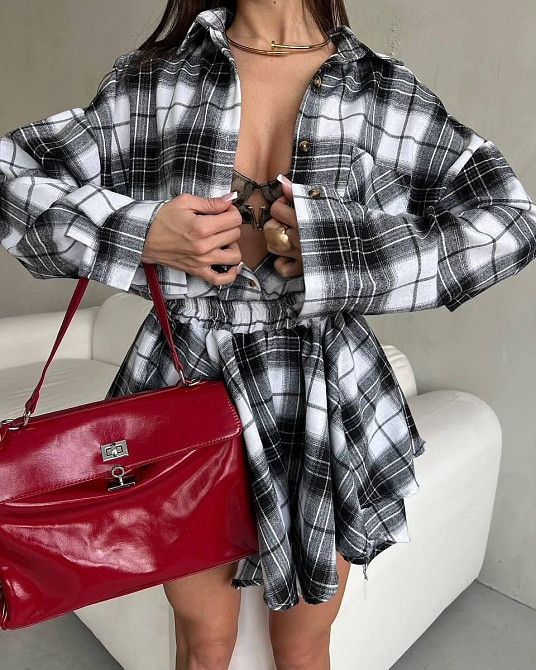 Женский стильный оверсайз костюм двойка: рубашка и юбка в клетку турецкая фланель Черный Одесса - изображение 2
