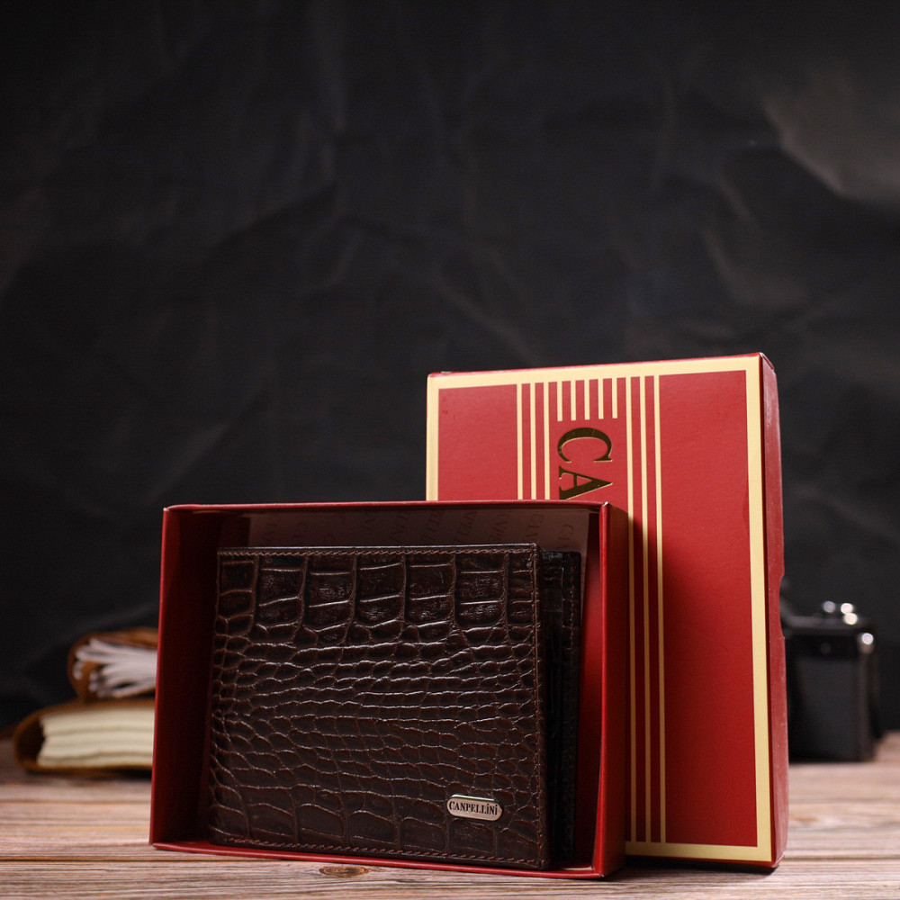 Мужской бумажник без застежки из натуральной кожи с тиснением под крокодила Коричневый (CANPELLINI) Киев - изображение 4