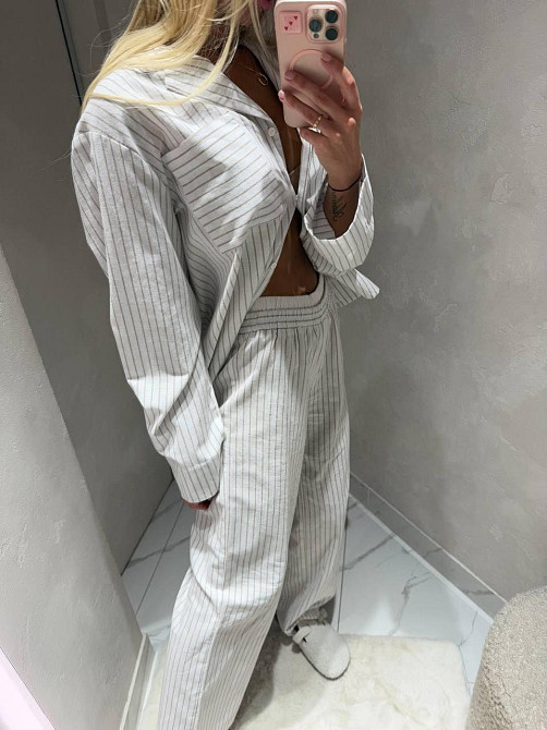 Женская полосатая пижама двойка из льна Белый Одесса - изображение 3