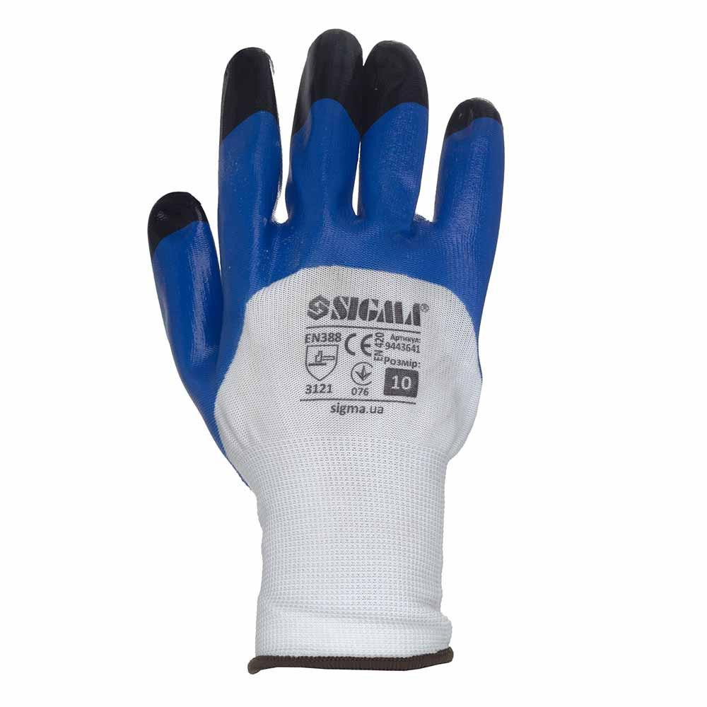 Трикотажные перчатки с частичным нитриловым покрытием усиленные пальцы р10 (сине-черные, манжет) SIGMA Ровно - изображение 2