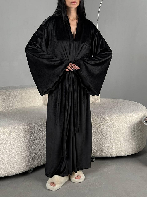 Женский стильный домашний велюровый макси халат плюш велюр Черный, 48/52 Одесса - изображение 1