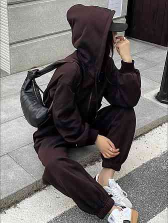 Жіночий теплий базовий костюм-двійка: соп худі+джогера тринитка на флісі Шоколад Одеса