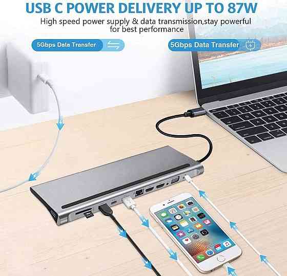 Док-станция 1Goal® USB C - 12 в 1 HUB MST, алюминиевая станция типа C. Киев