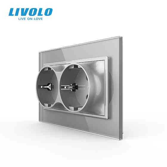 LIVOLO Подвійна електрична розетка в один підрозетник з заземленням LIVOLO, сіра, скляна рамка, Коломия