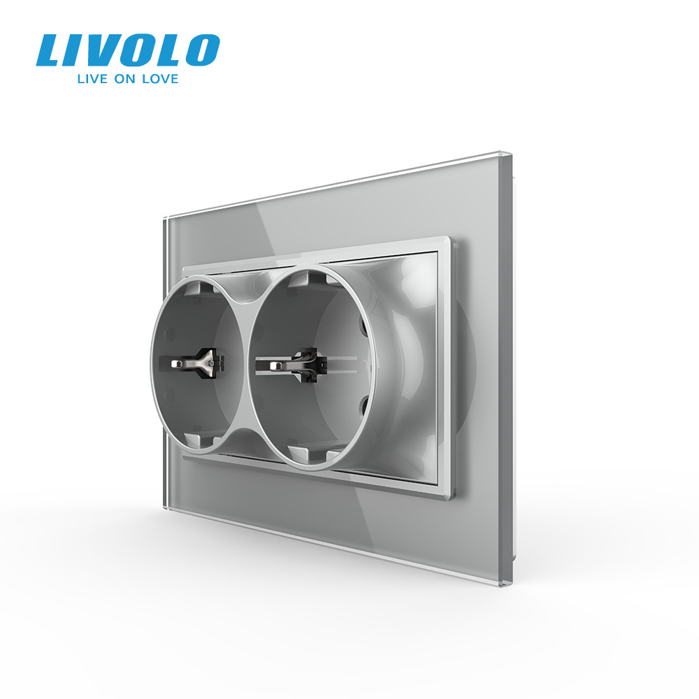 LIVOLO Подвійна електрична розетка в один підрозетник з заземленням LIVOLO, сіра, скляна рамка, Коломия - фото 1