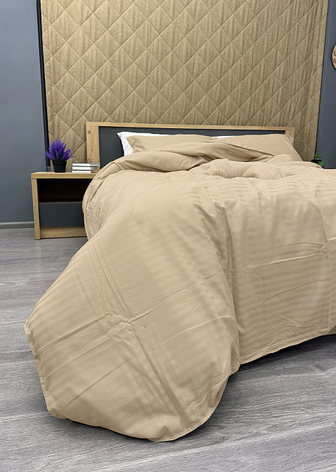 Комплект постельного белья Страйп-сатин Двуспальный 180х220 с простыней на резинке Бежевый (88-161) Киев - изображение 8