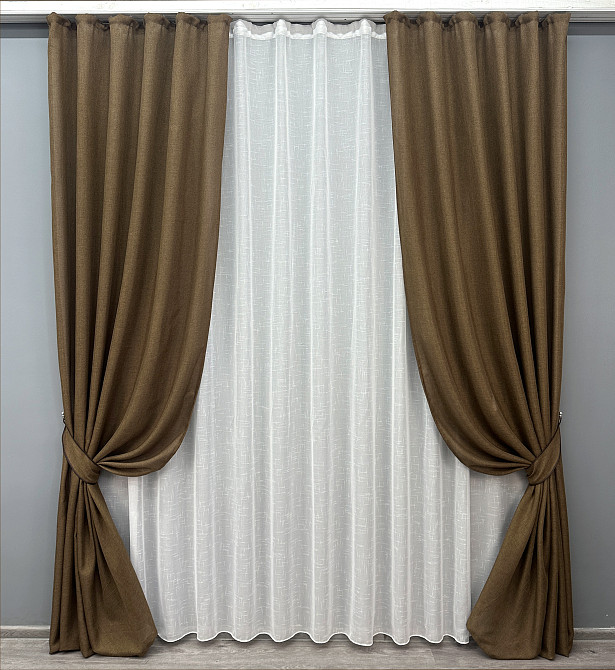 Комплект штор VR-Textil Лен Мешковина 200х270 2шт и Тюль 600х270 1476ш-115т Коричневый с белым 71-028/7 Киев - изображение 1