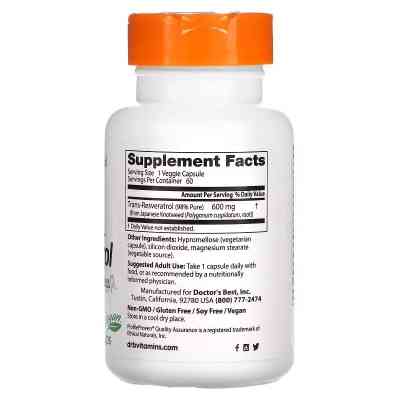 Антиоксидант Doctor&apos;s Best Ресвератрол, 600 мг, High Potency Trans-Resveratrol 600, 60 вегетаріанські (DRB-00416) Вінниця