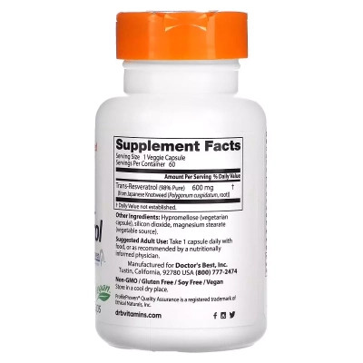 Антиоксидант Doctor's Best Ресвератрол, 600 мг, High Potency Trans-Resveratrol 600, 60 вегетариански (DRB-00416) Винница - изображение 2