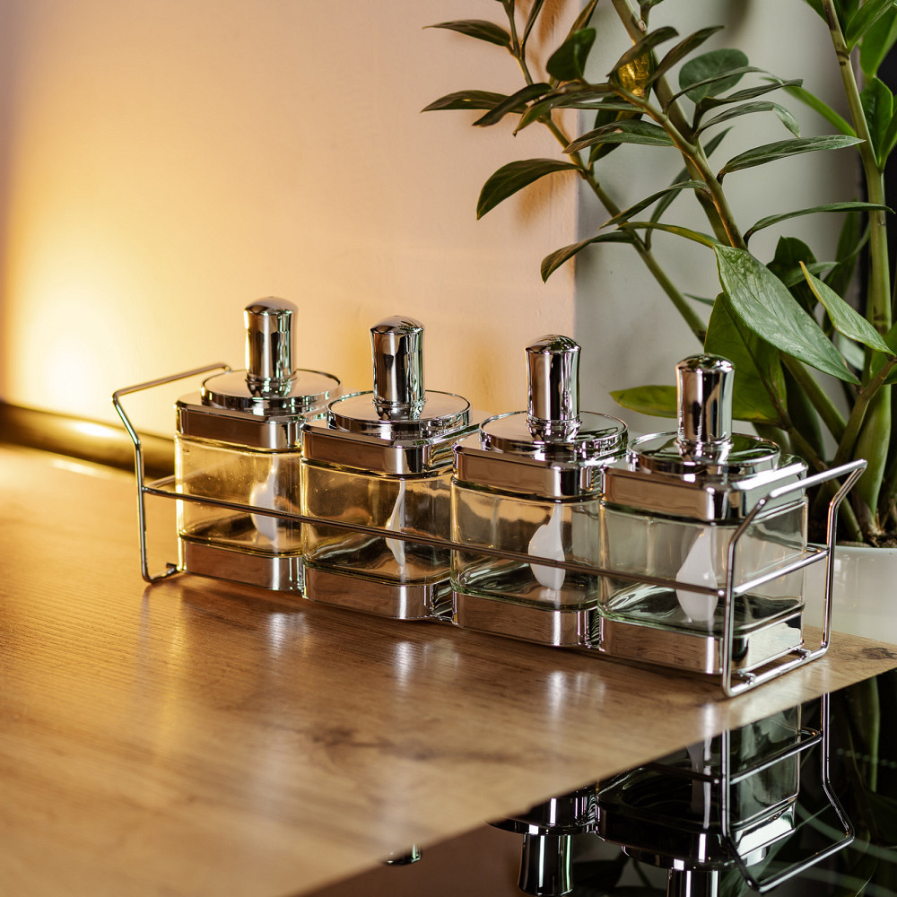 Набір банок для сипучих HP-1340, 4 шт по 350 мл, скляні на металевій підставці, квадратні Київ - фото 6