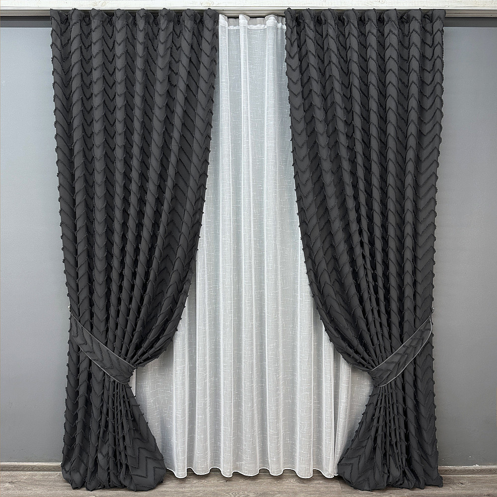 Комплект штор VR-Textil Лен Букле 200х270 2шт и Тюль 500х270 1810ш-115т Графитовый с белым 71-038/6 Киев - изображение 1