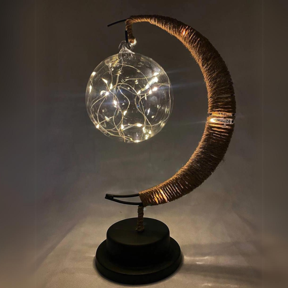 Світильник на батарейках нічник у формі місяця Niki Light металевий каркас та конопляна мотузка теплий білий Київ - фото 7