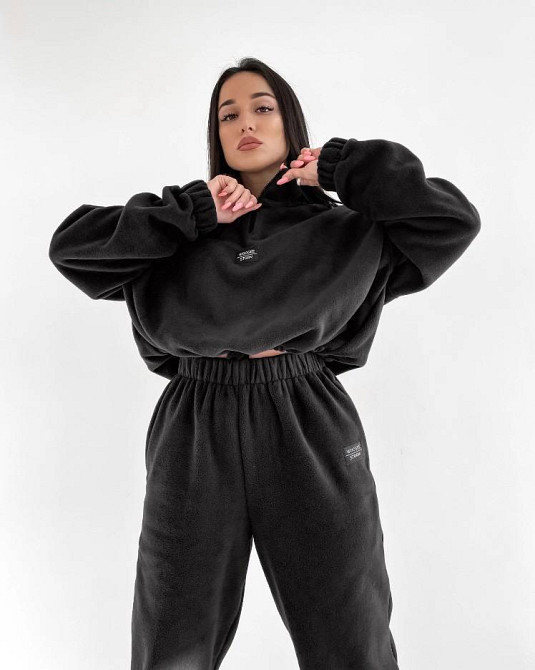Жіночий теплий прогулянковий костюм двійка з двостороннього щільного флісу Чорний, 42/44 Одеса - фото 1